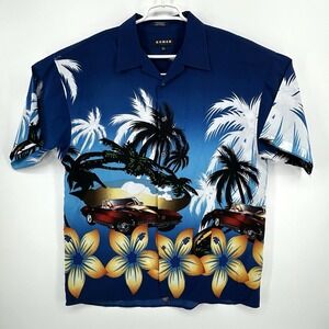 Koman Sport Hawaiian Shirt Mens XL Classic Beach Car Floral Corvette Vintage